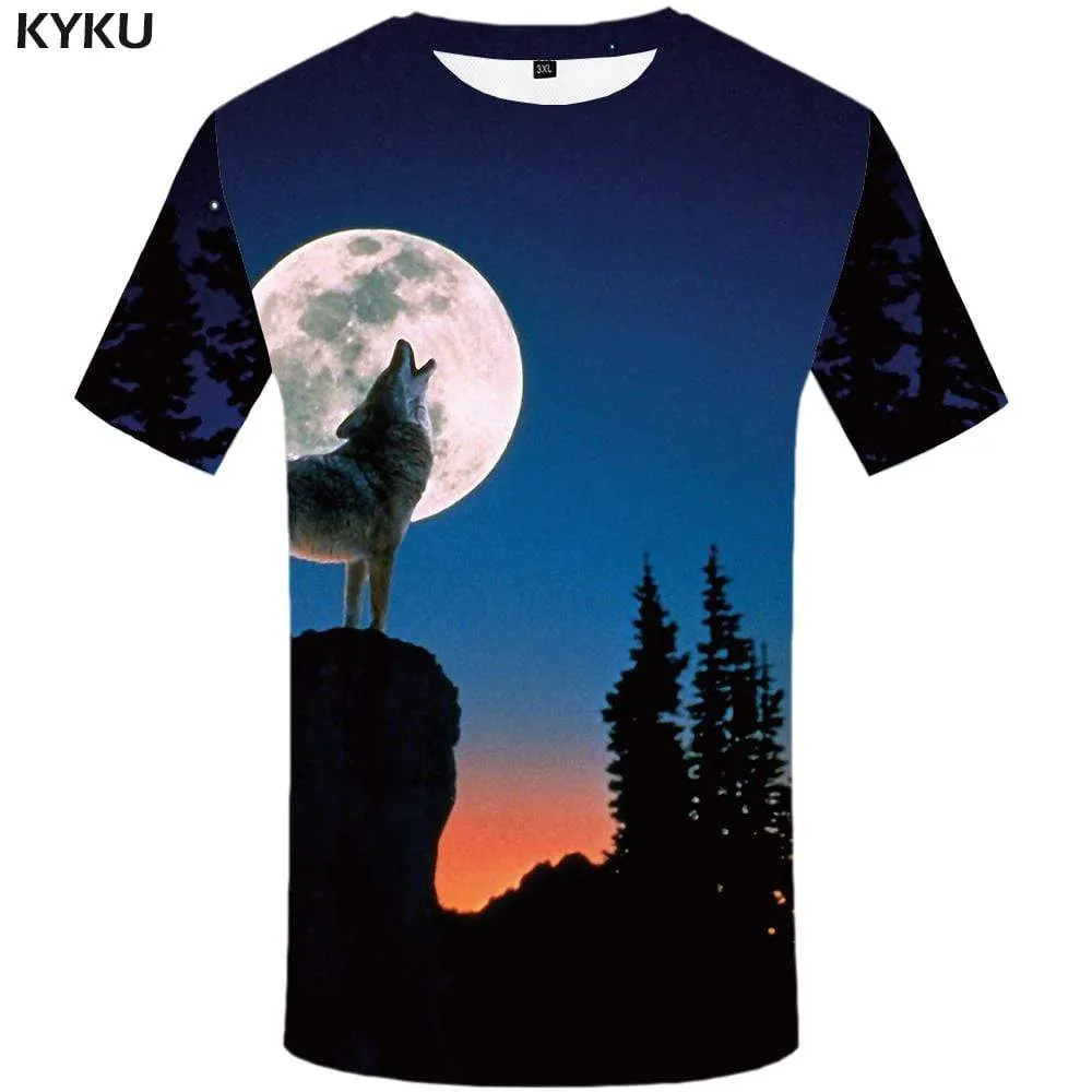 KYKU Brand Wolf T shirt Men Forest Tshirts Print Animal T shirts Funny Mountain Tshirt Anime Moon T-shirt 3d Mens Fashion