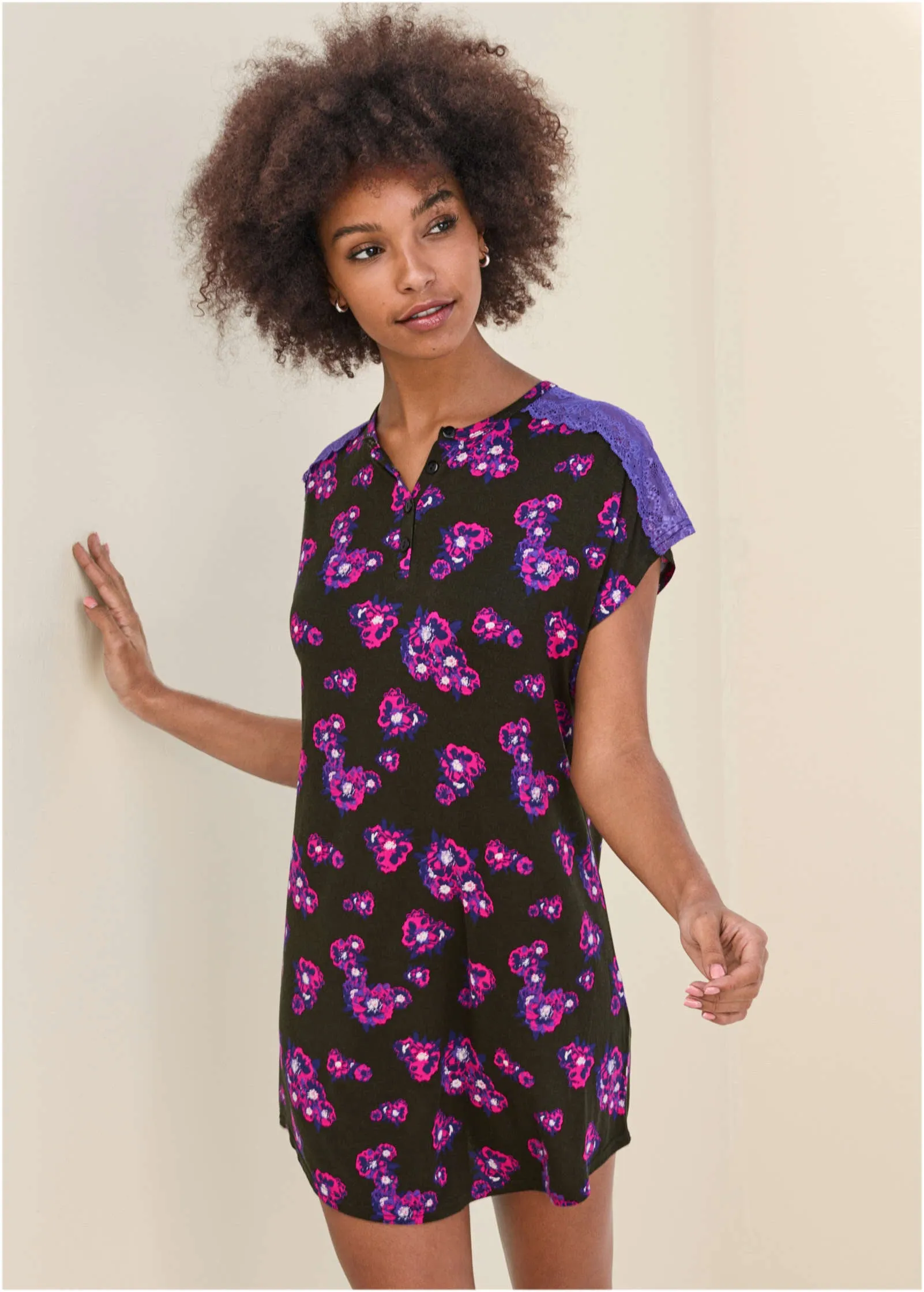 Lace Detail Nightgown - Purple Bloom