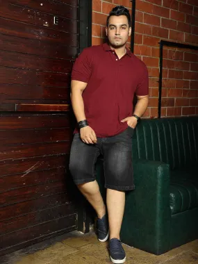 Maroon Solid Polo Collar Pure Cotton T-SHIRT Men's Plus Size