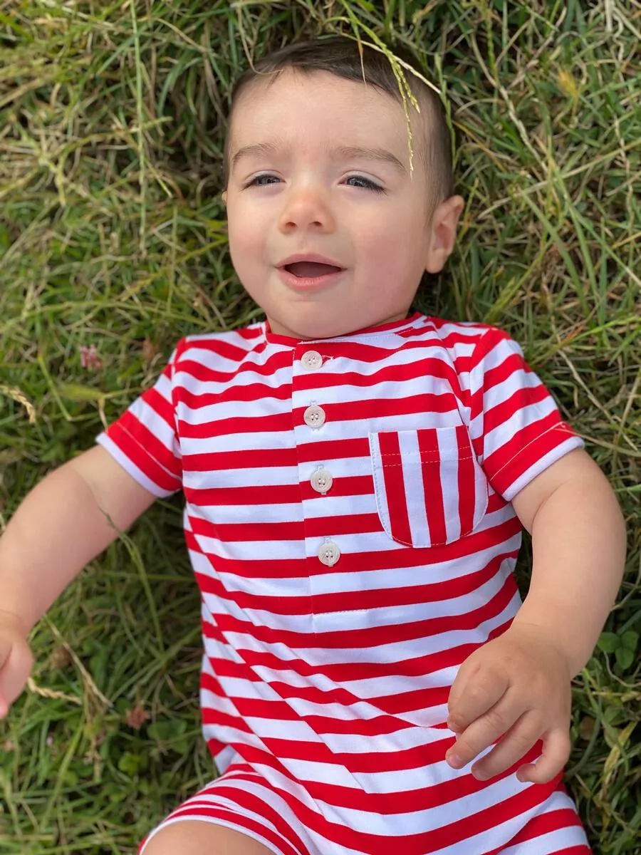 Me & Henry Red/White Ribbed Stripe Camborne Henley Romper