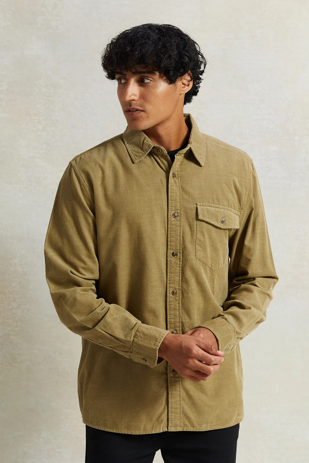 Men Beige Fine Corduroy Shirt