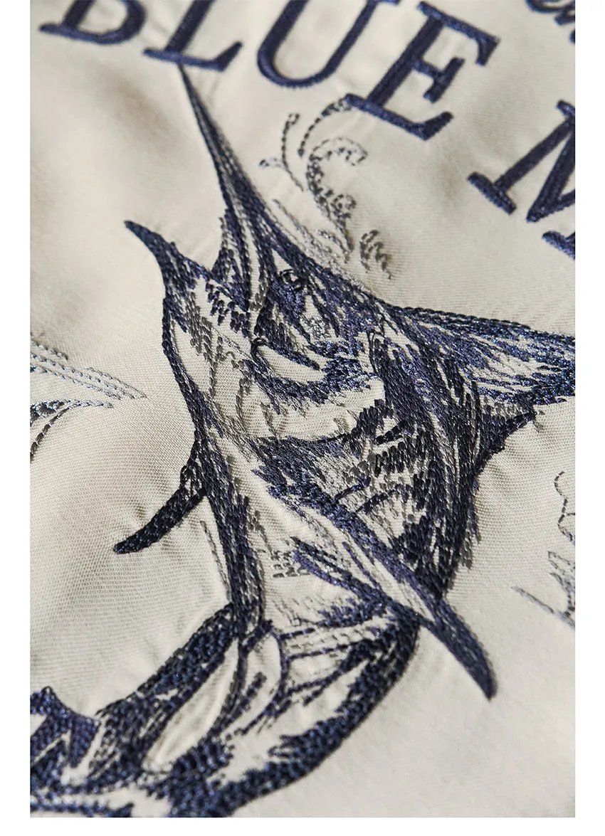 Men's Blue Marlin Embroidery Camp Collar Shirt