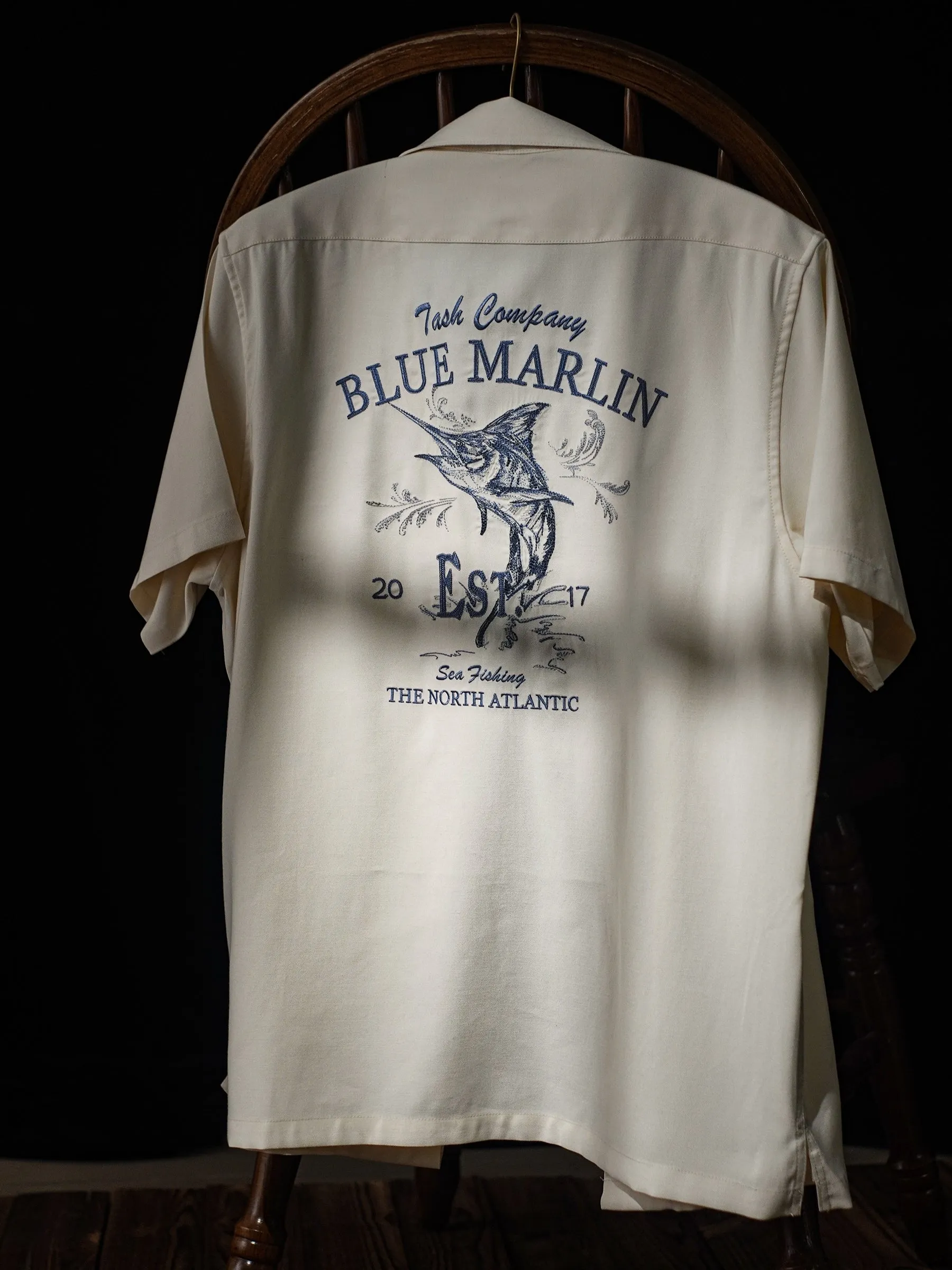 Men's Blue Marlin Embroidery Camp Collar Shirt