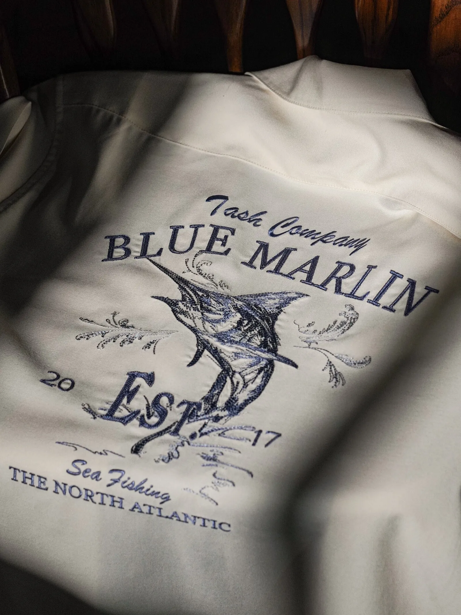 Men's Blue Marlin Embroidery Camp Collar Shirt