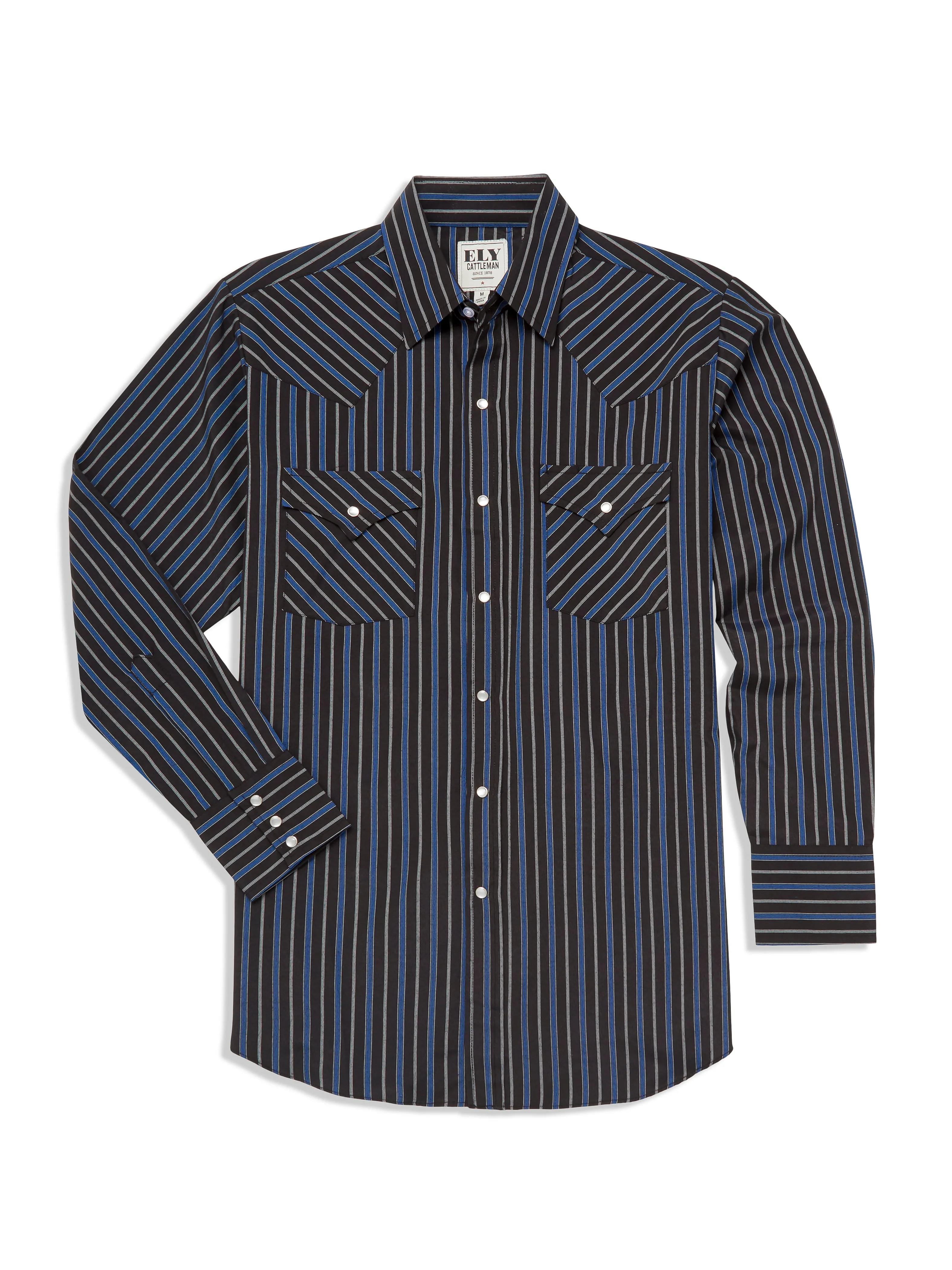 Men's Ely Cattleman Long Sleeve Textured Stripe Western Snap Shirt- Black & Navy