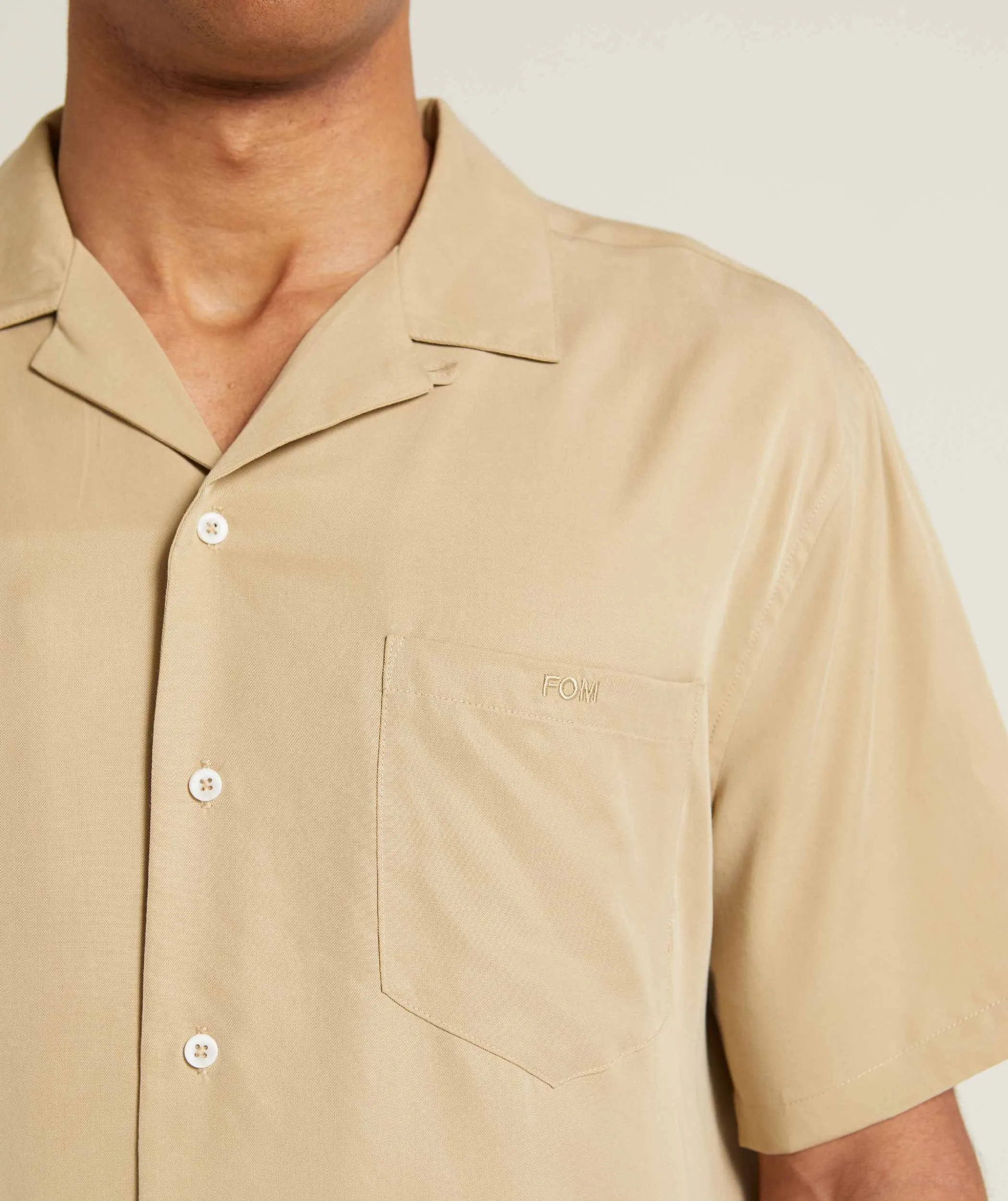 Mens Sueded Cotton Camp Collar Shirt - Stone