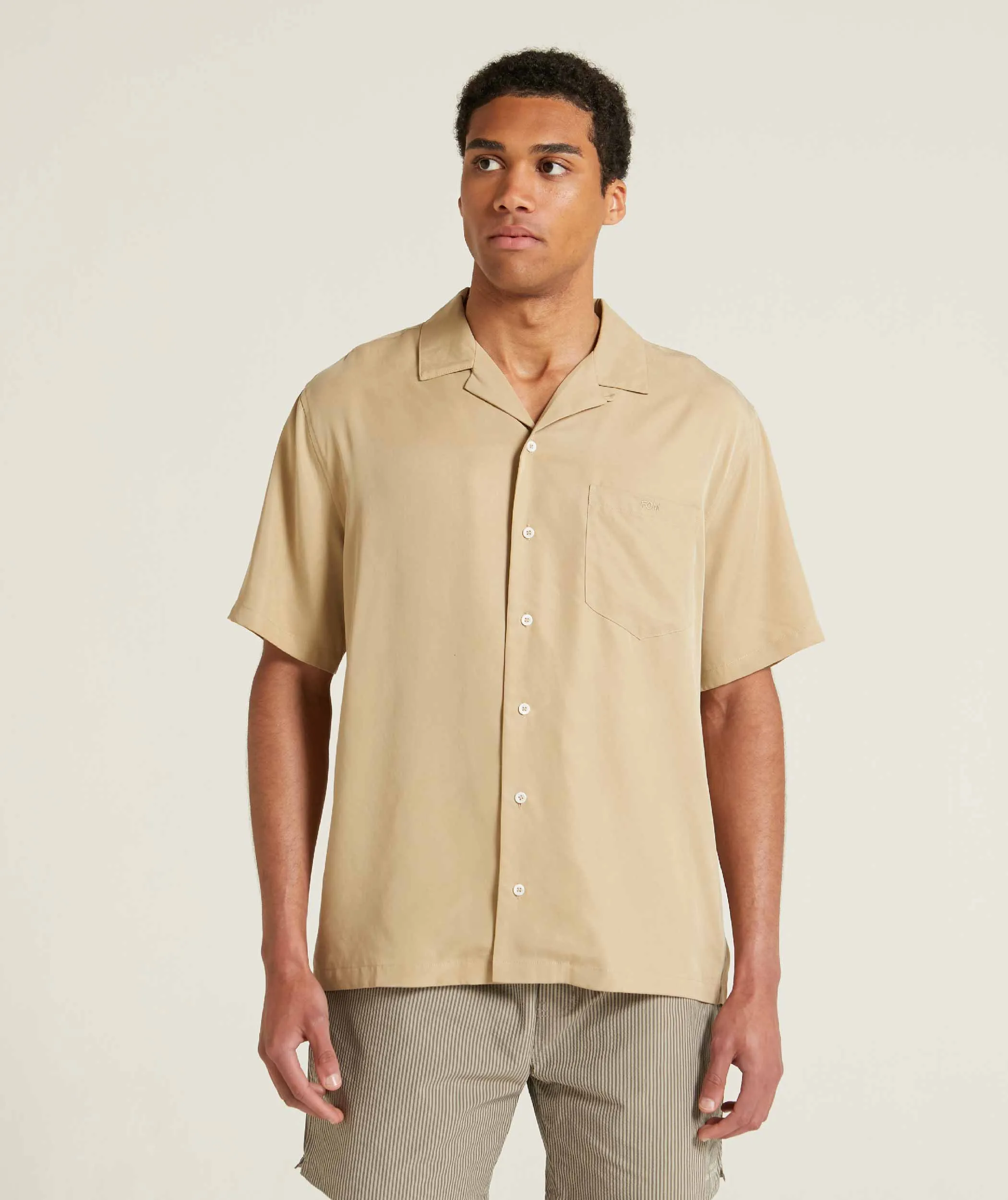 Mens Sueded Cotton Camp Collar Shirt - Stone