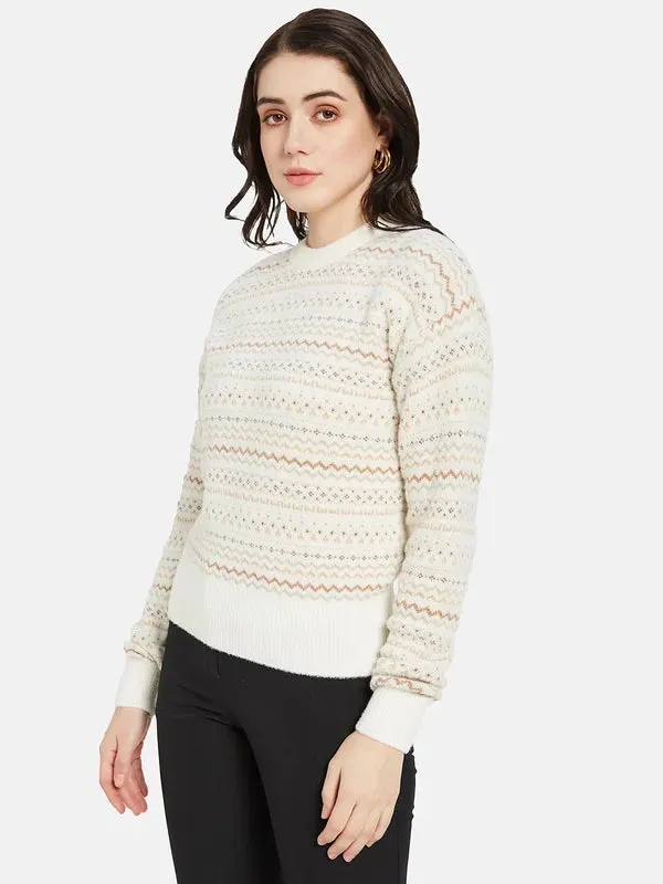 Mettle Women Cream-Coloured  Brown Chevron Printed Pullover