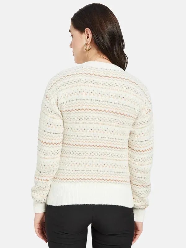 Mettle Women Cream-Coloured  Brown Chevron Printed Pullover