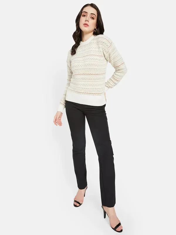 Mettle Women Cream-Coloured  Brown Chevron Printed Pullover