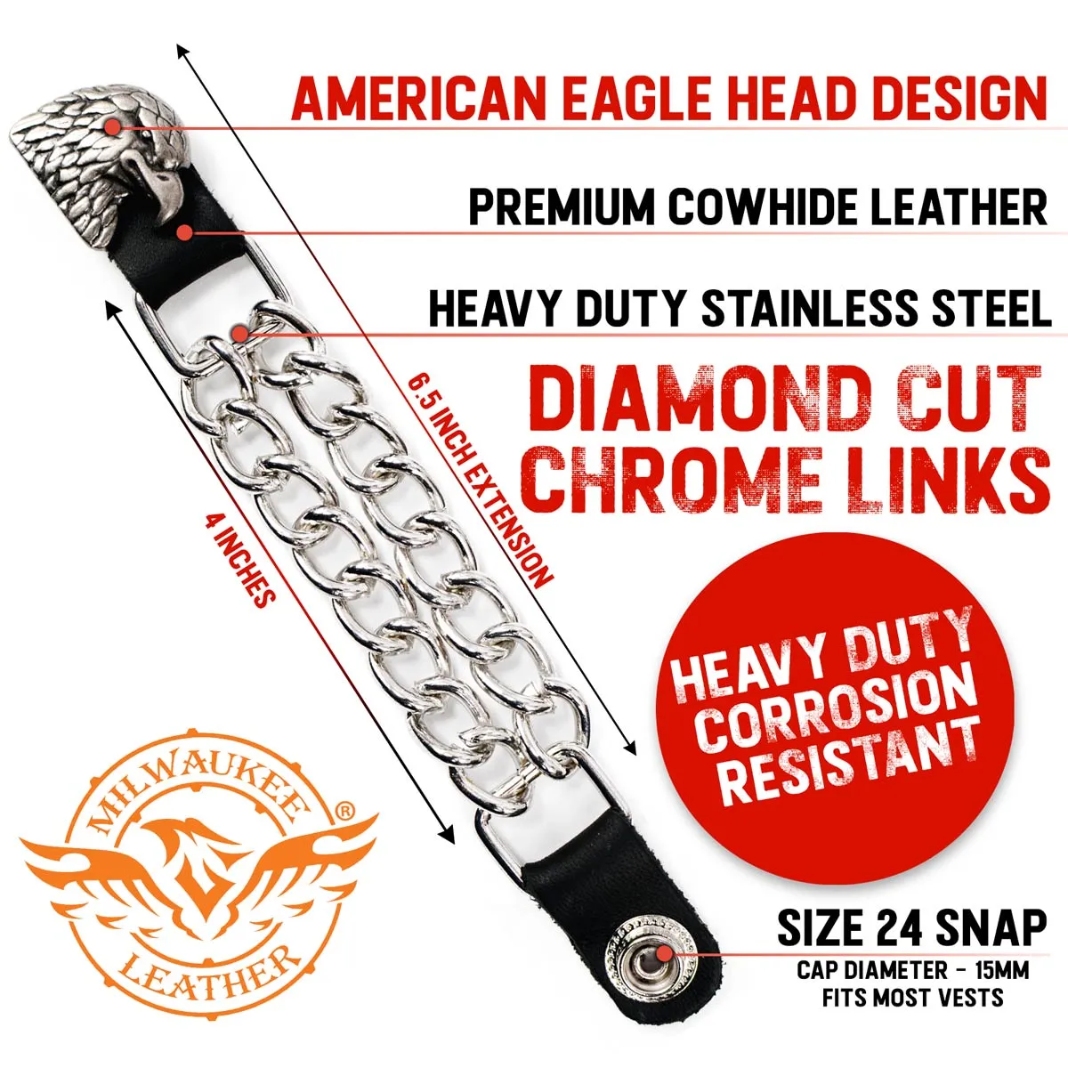 Milwaukee Leather Eagle Head Medallion Vest Extender - Double Chrome Chains Genuine Leather 6.5" Extension MLA1011-Single