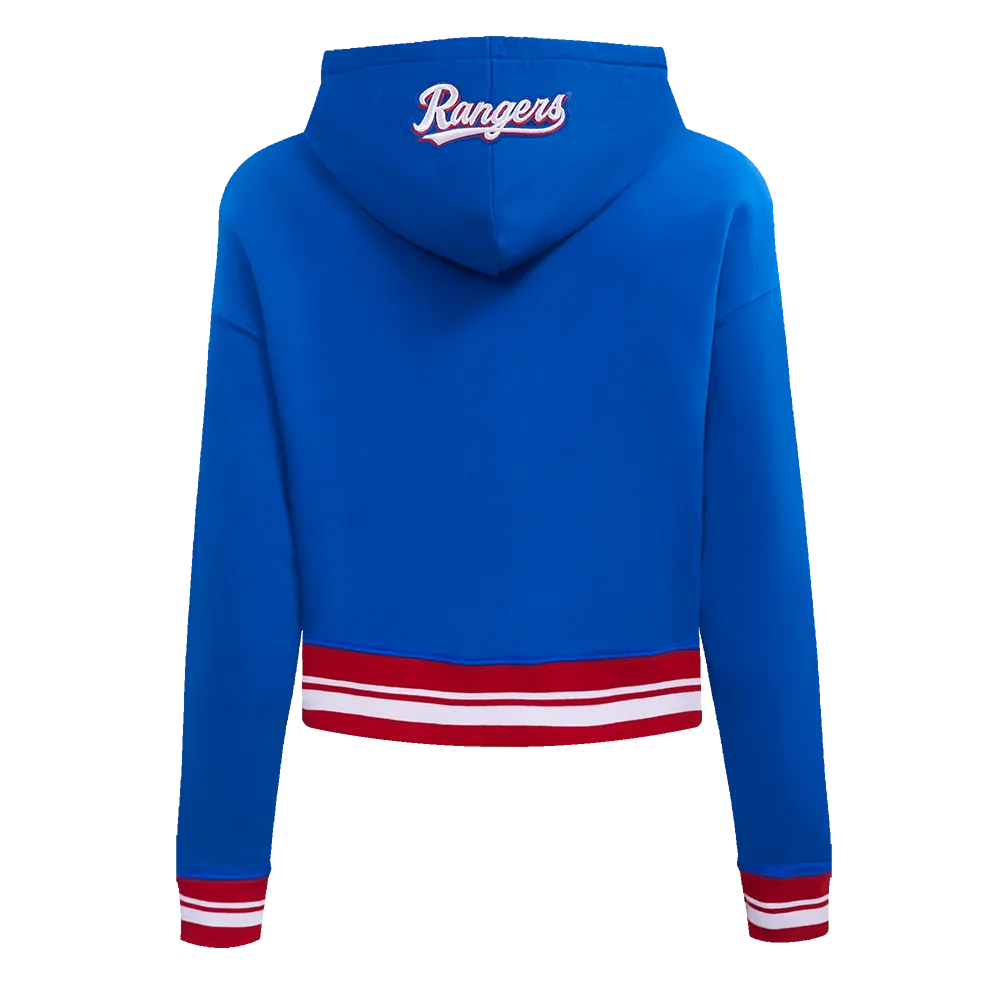 MLB TEXAS RANGERS SCRIPT TAIL WOMEN'S RIB FLC CROPPED PO HOODIE (ROYAL BLUE/RED)