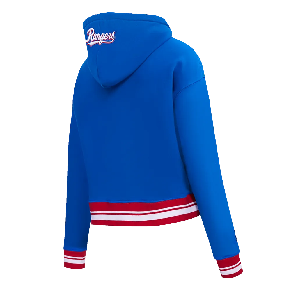 MLB TEXAS RANGERS SCRIPT TAIL WOMEN'S RIB FLC CROPPED PO HOODIE (ROYAL BLUE/RED)