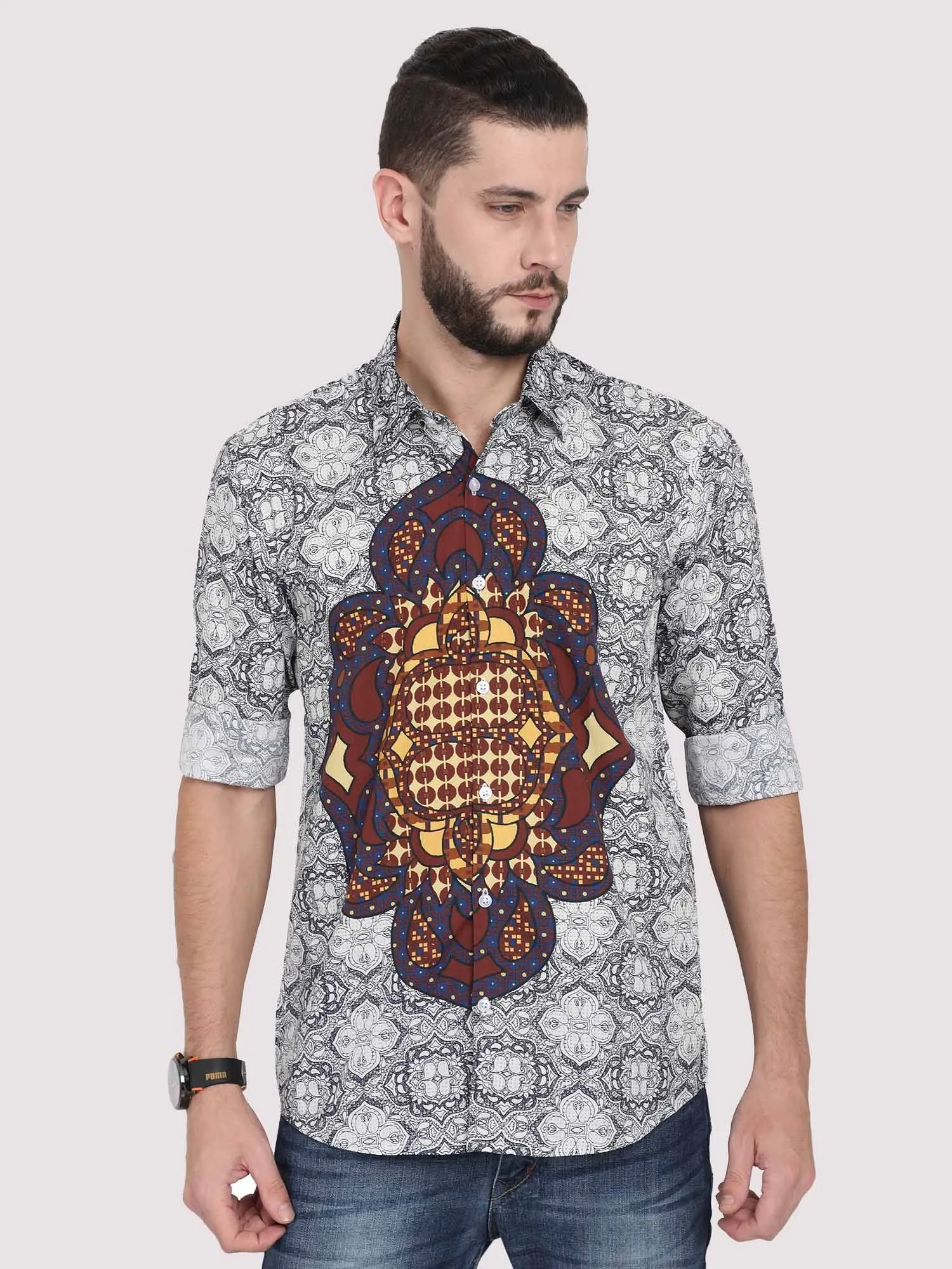 Modern Grey Geometric Party Wear Shirt