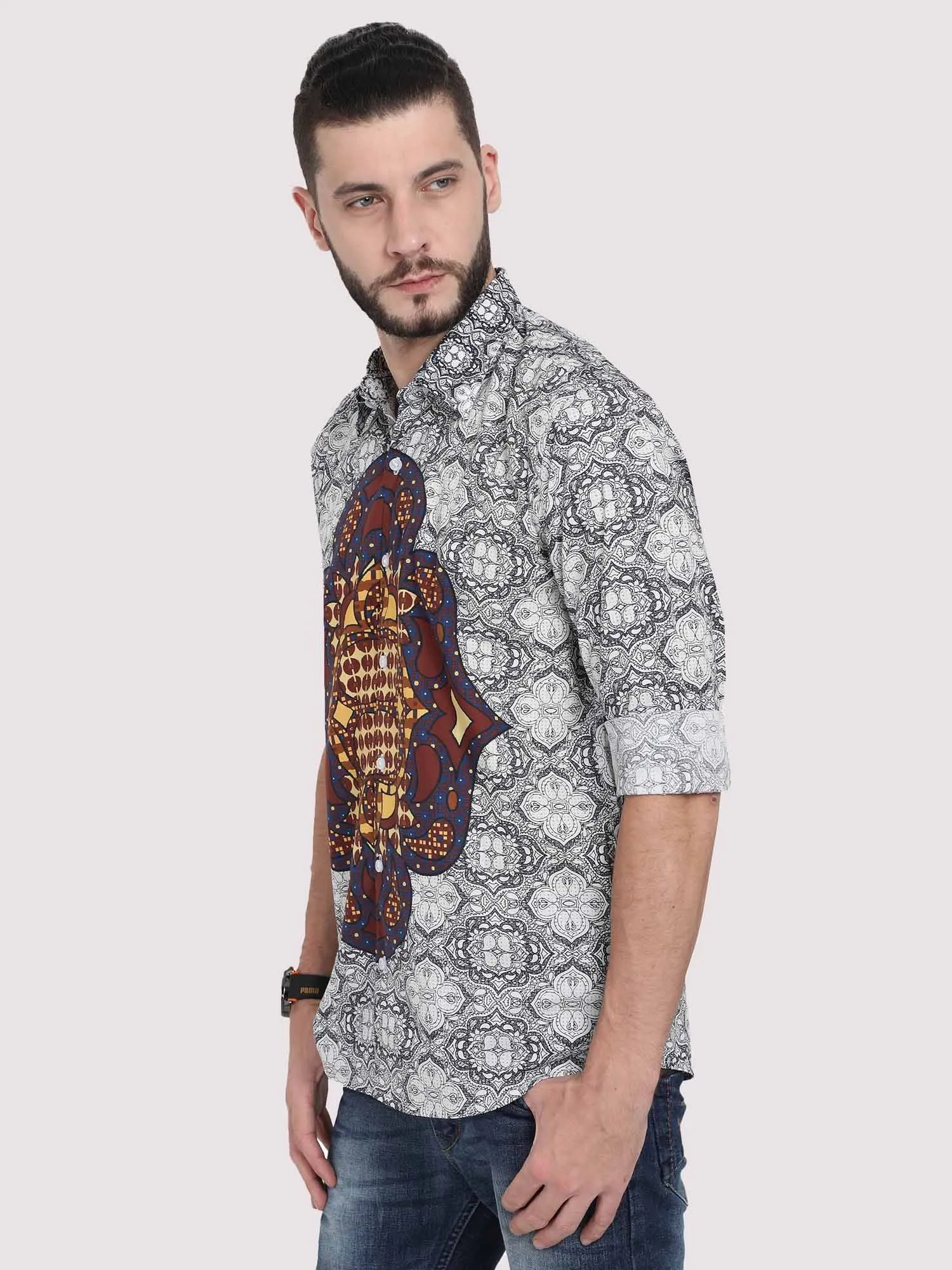 Modern Grey Geometric Party Wear Shirt