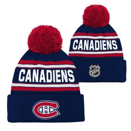 Montreal Canadiens NHL Outerstuff Kids Navy Wordark Jacquard Cuff Pom Knit Hat