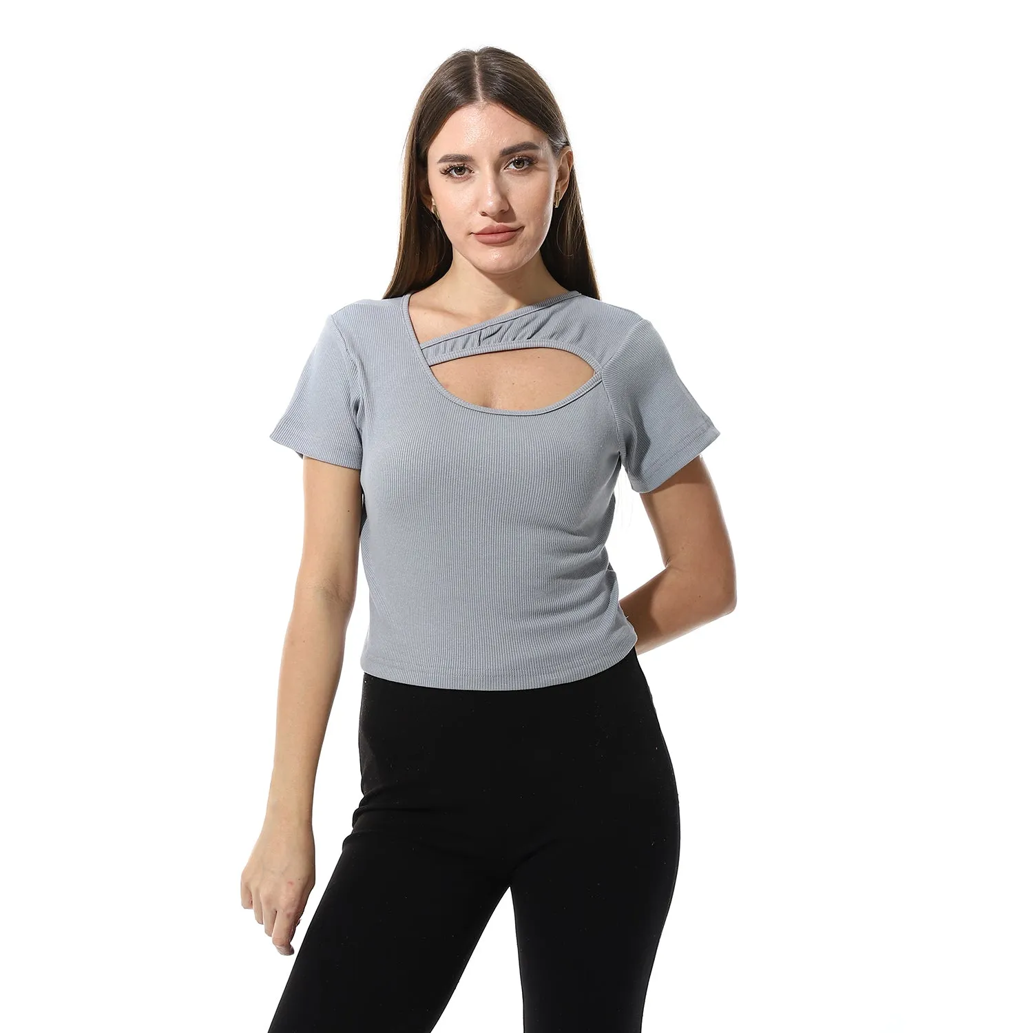 Multicolor Short Sleeves Top With Ribbed