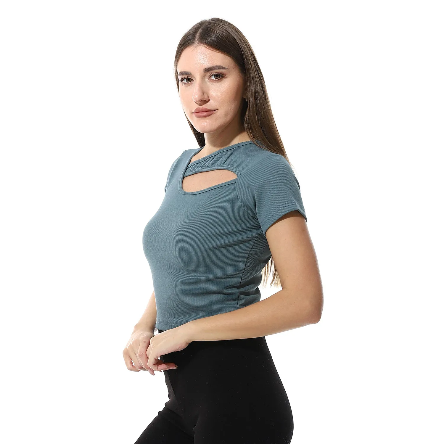 Multicolor Short Sleeves Top With Ribbed