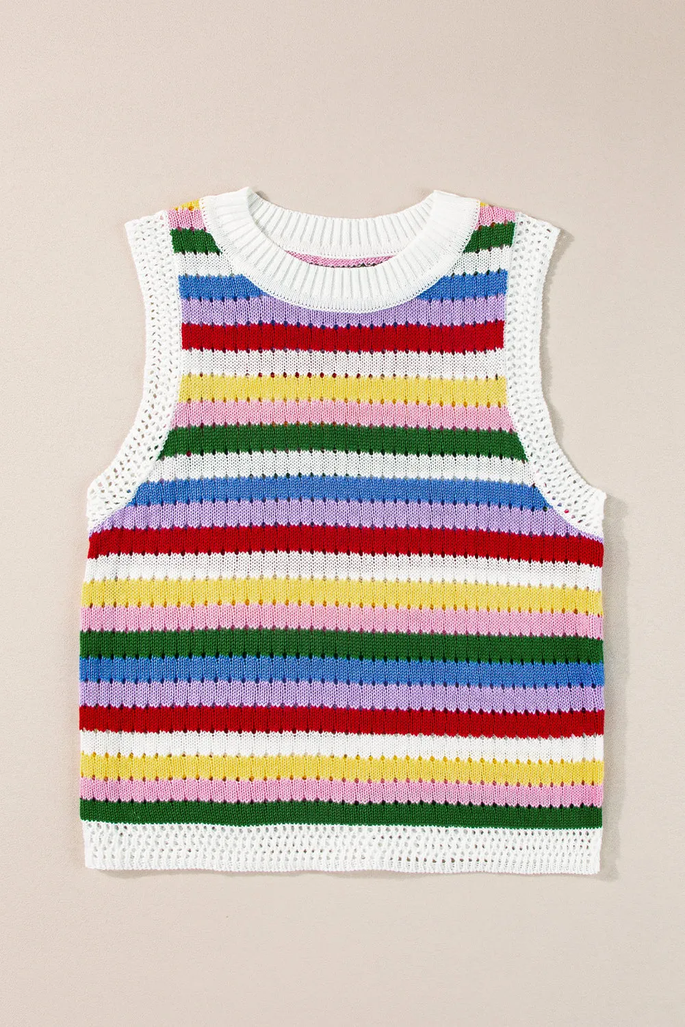 Multicolour Striped Knitted Eyelet Slim Sweater Vest