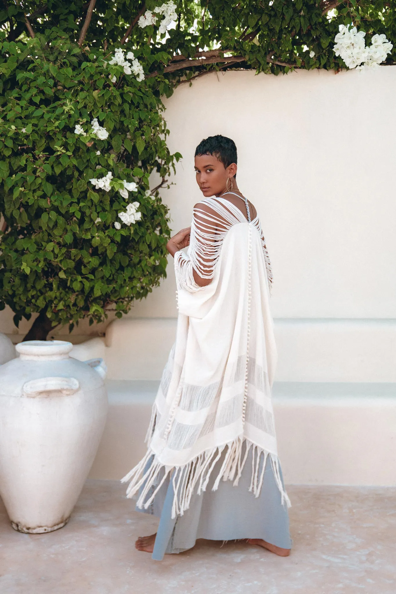 Off-White Cotton Poncho Cape • Organic Tribal Kimono Cover Up