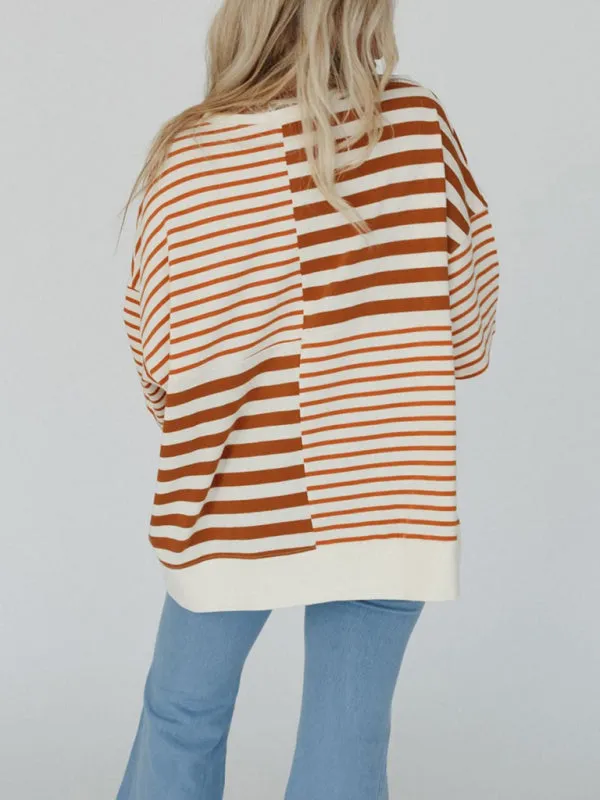 Oversized High-Low & Bold Stripes Half Button Up Pullover Top