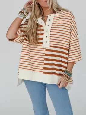 Oversized High-Low & Bold Stripes Half Button Up Pullover Top