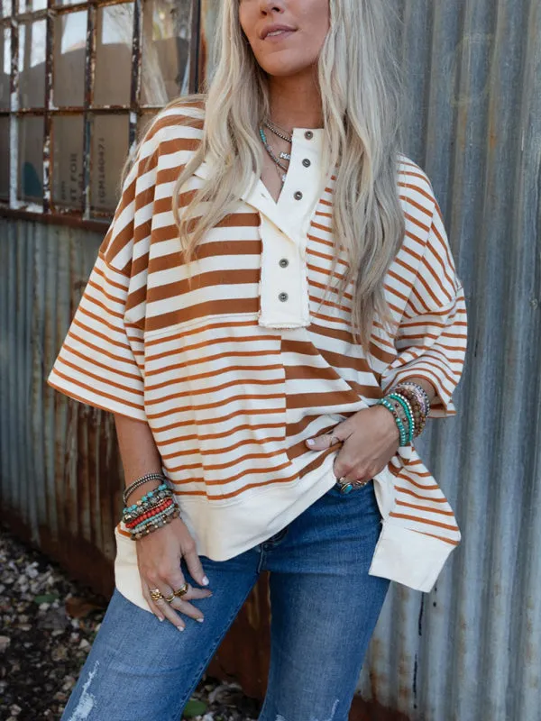 Oversized High-Low & Bold Stripes Half Button Up Pullover Top