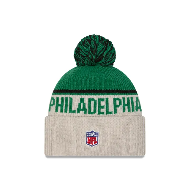 Philadelphia Eagles NFL New Era Men's Green Beige 2024 Sideline Historic Sport Knit Pom Hat