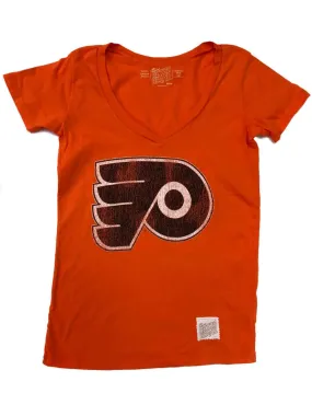 Philadelphia Flyers Retro Brand WOMEN Orange Flying P V-Neck Cotton T-Shirt