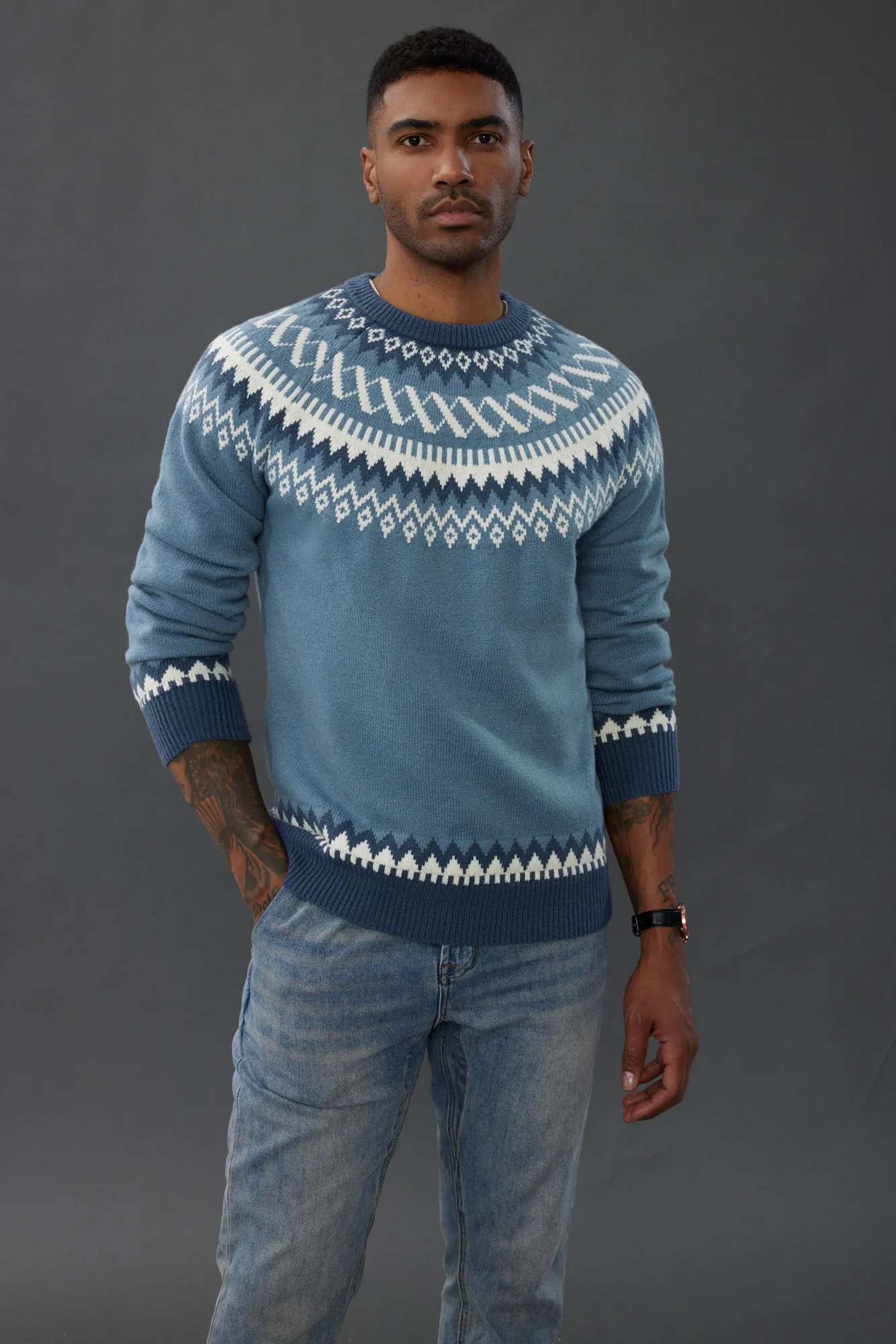 PJ Paul Jones Men's Fair Isle Crewneck Sweater Vintage Leisure Pattern Knit Long Sleeve Pullover Sweater