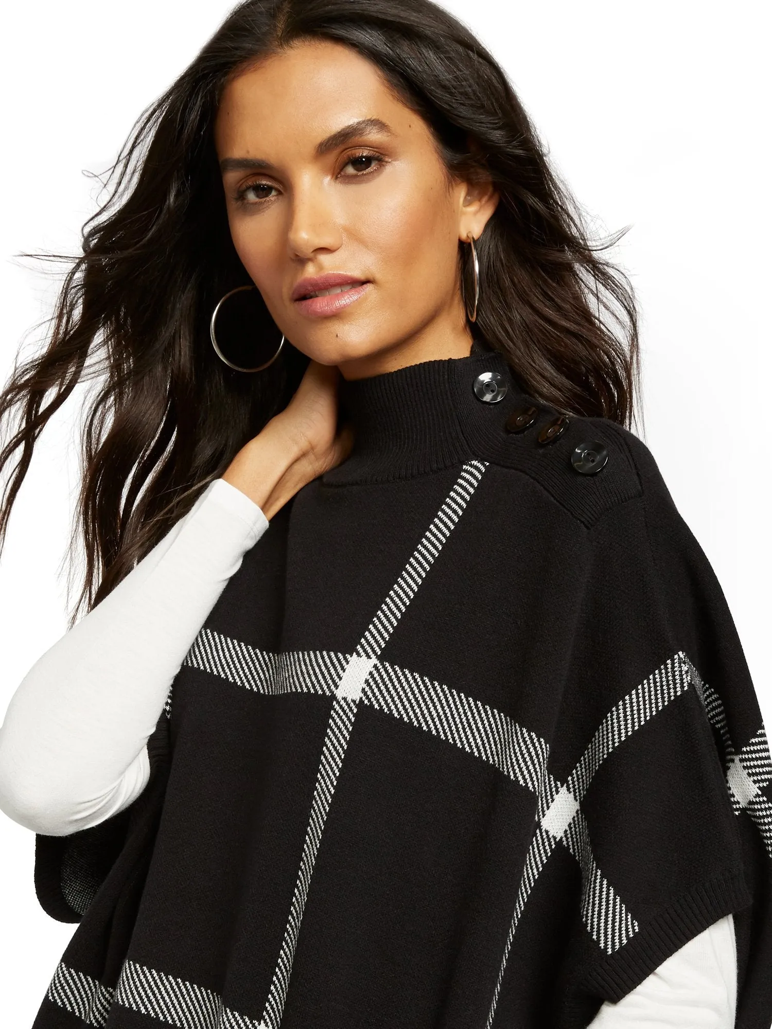 Plaid Button-Accent Poncho