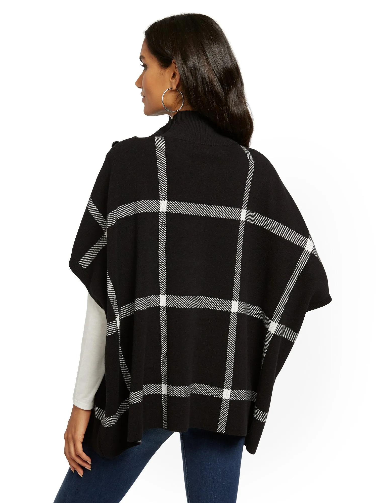 Plaid Button-Accent Poncho