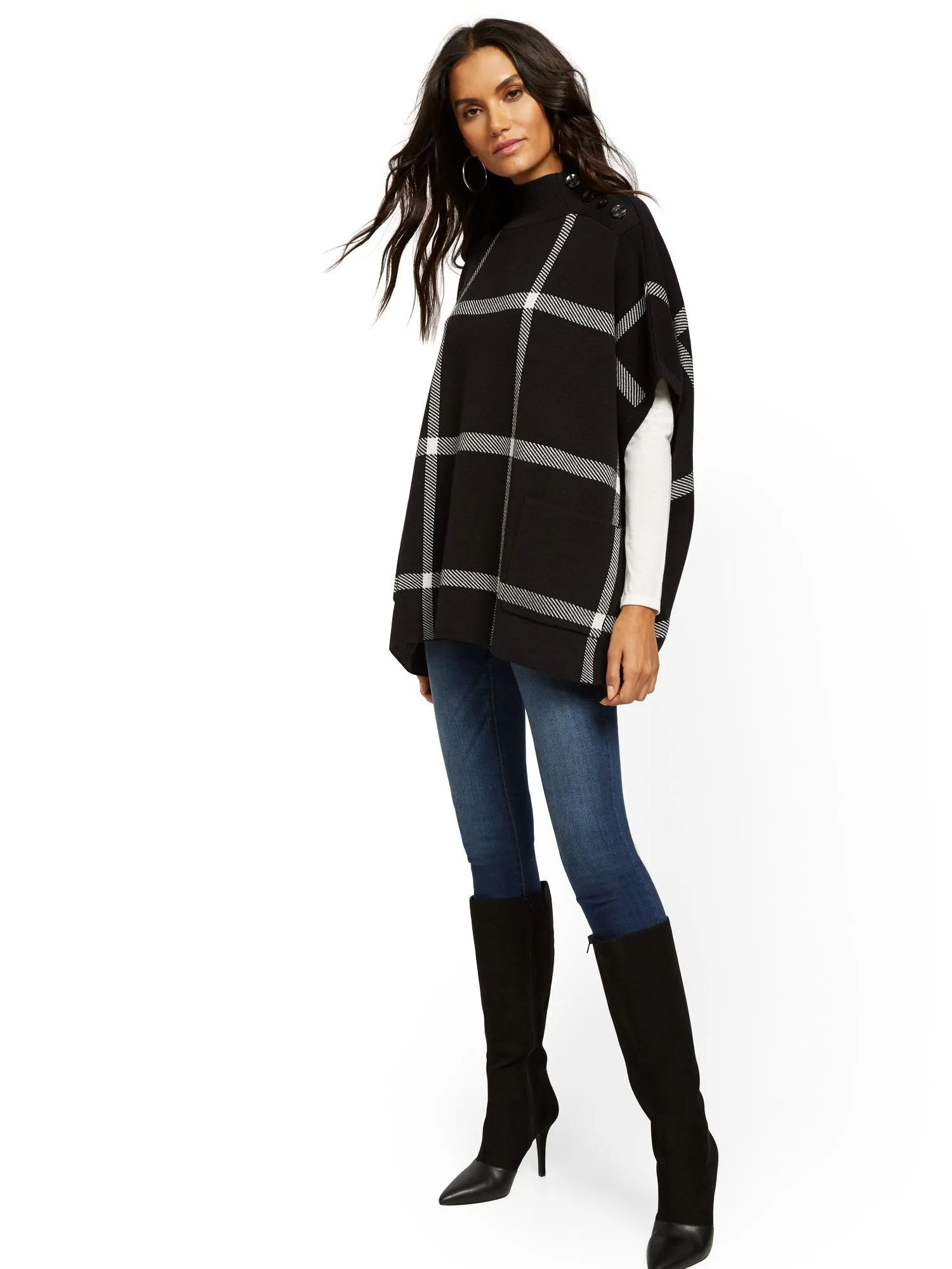 Plaid Button-Accent Poncho