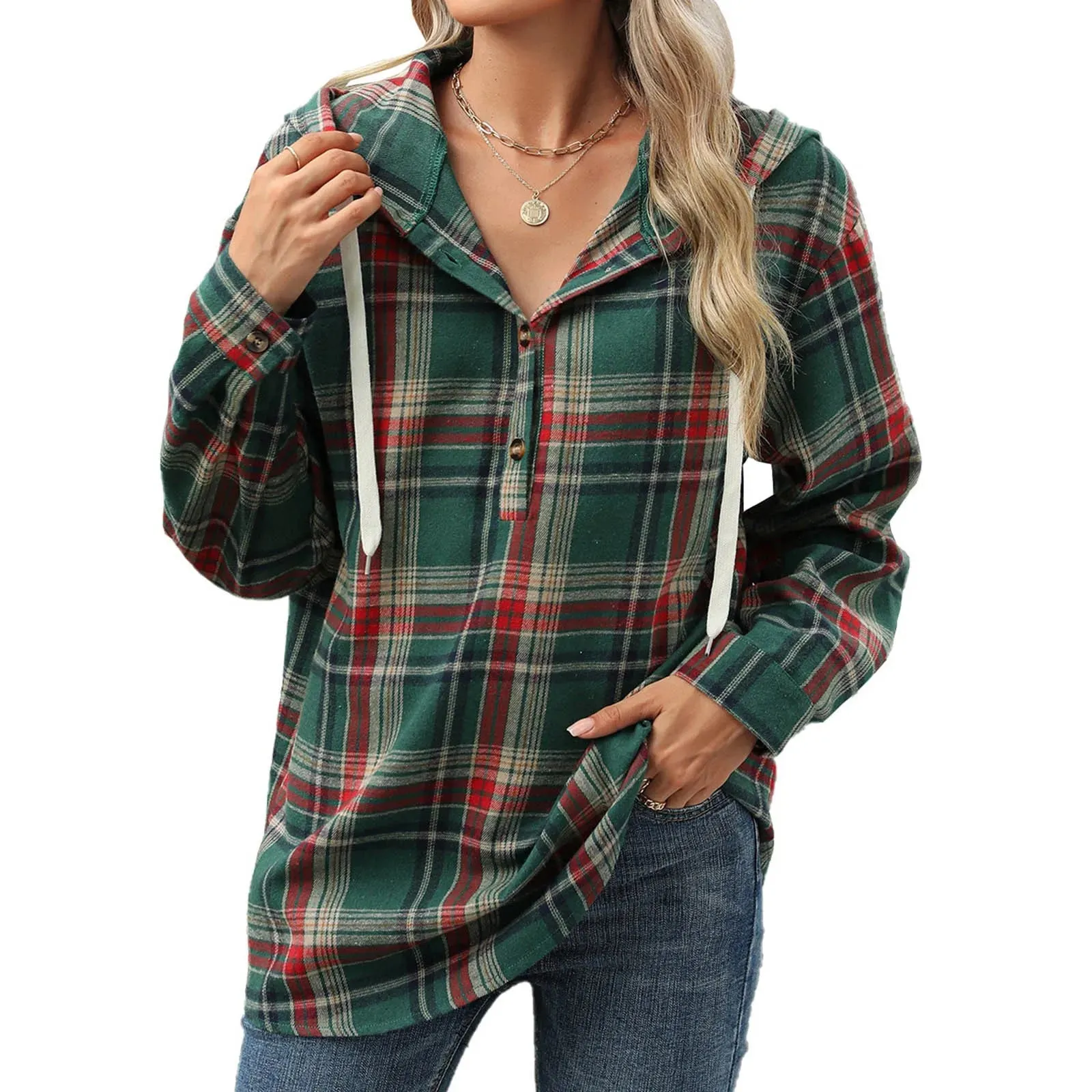 Plaid Flannel Hooded Pullover Tops