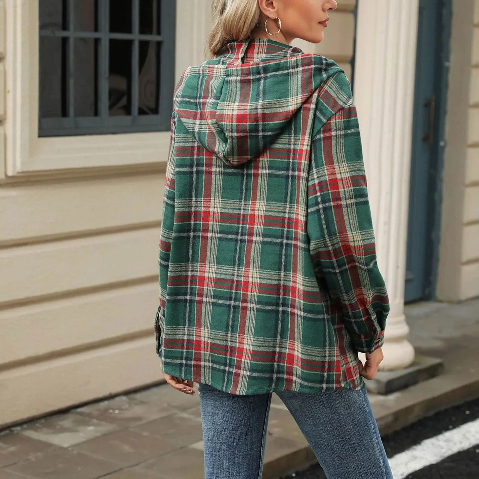 Plaid Flannel Hooded Pullover Tops