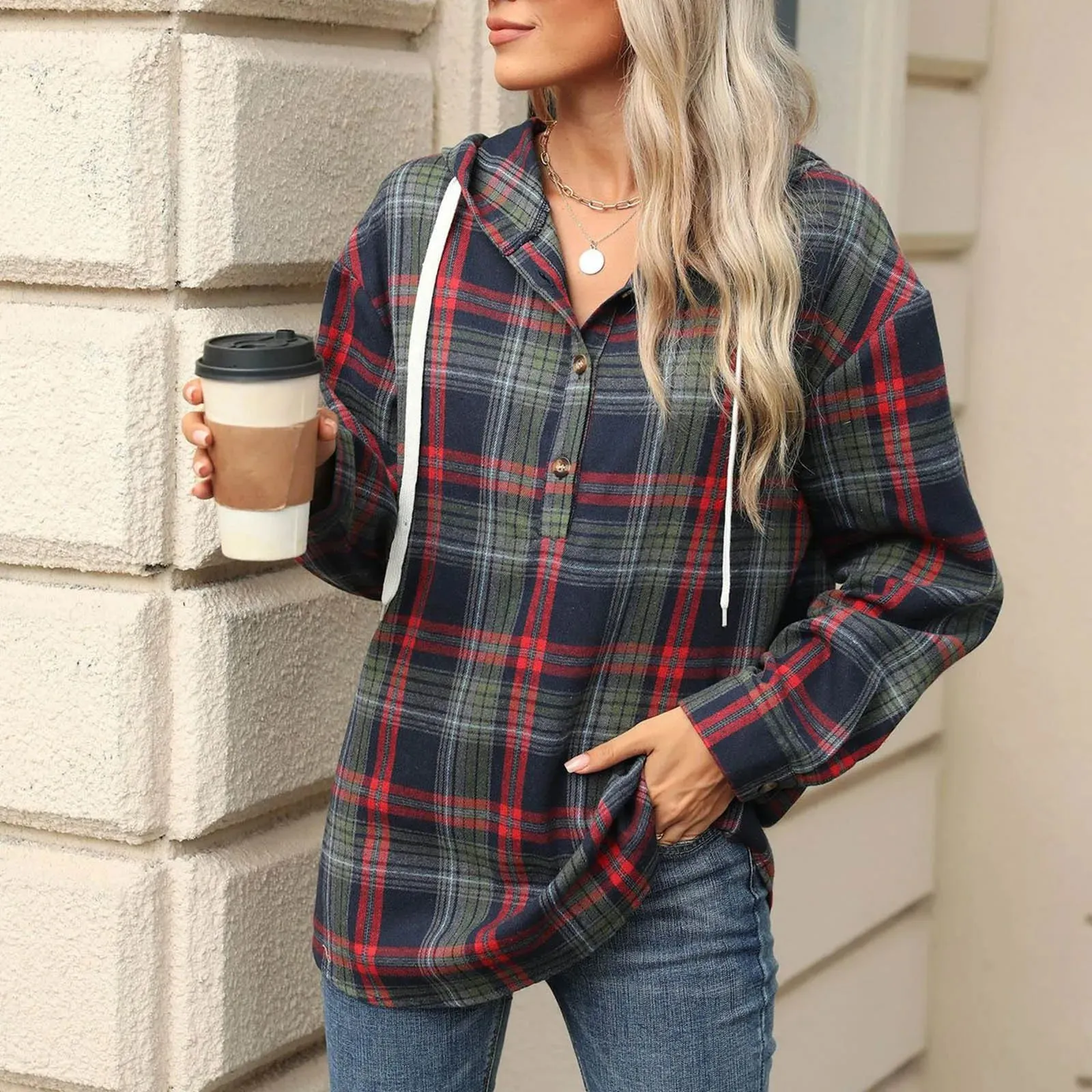 Plaid Flannel Hooded Pullover Tops