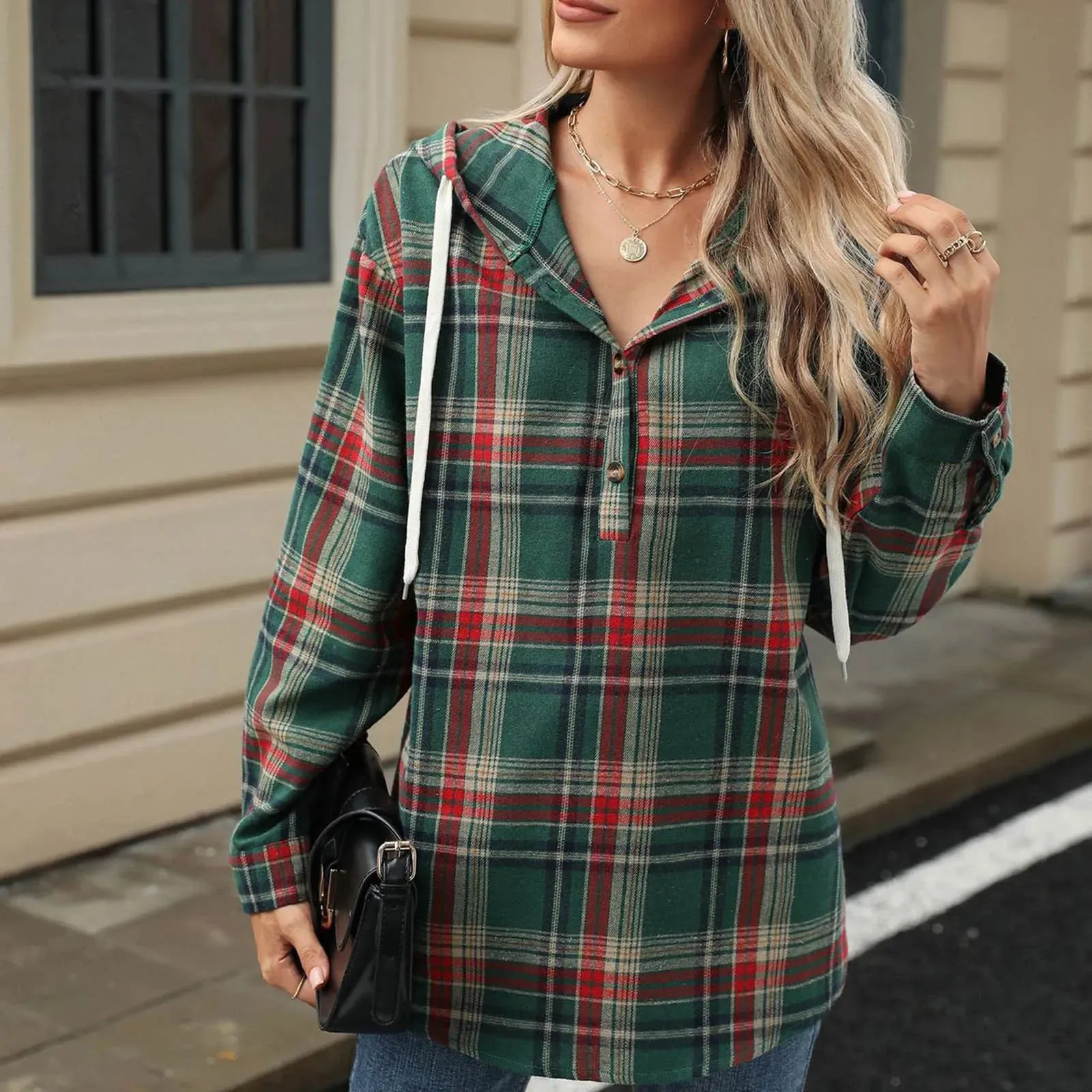 Plaid Flannel Hooded Pullover Tops