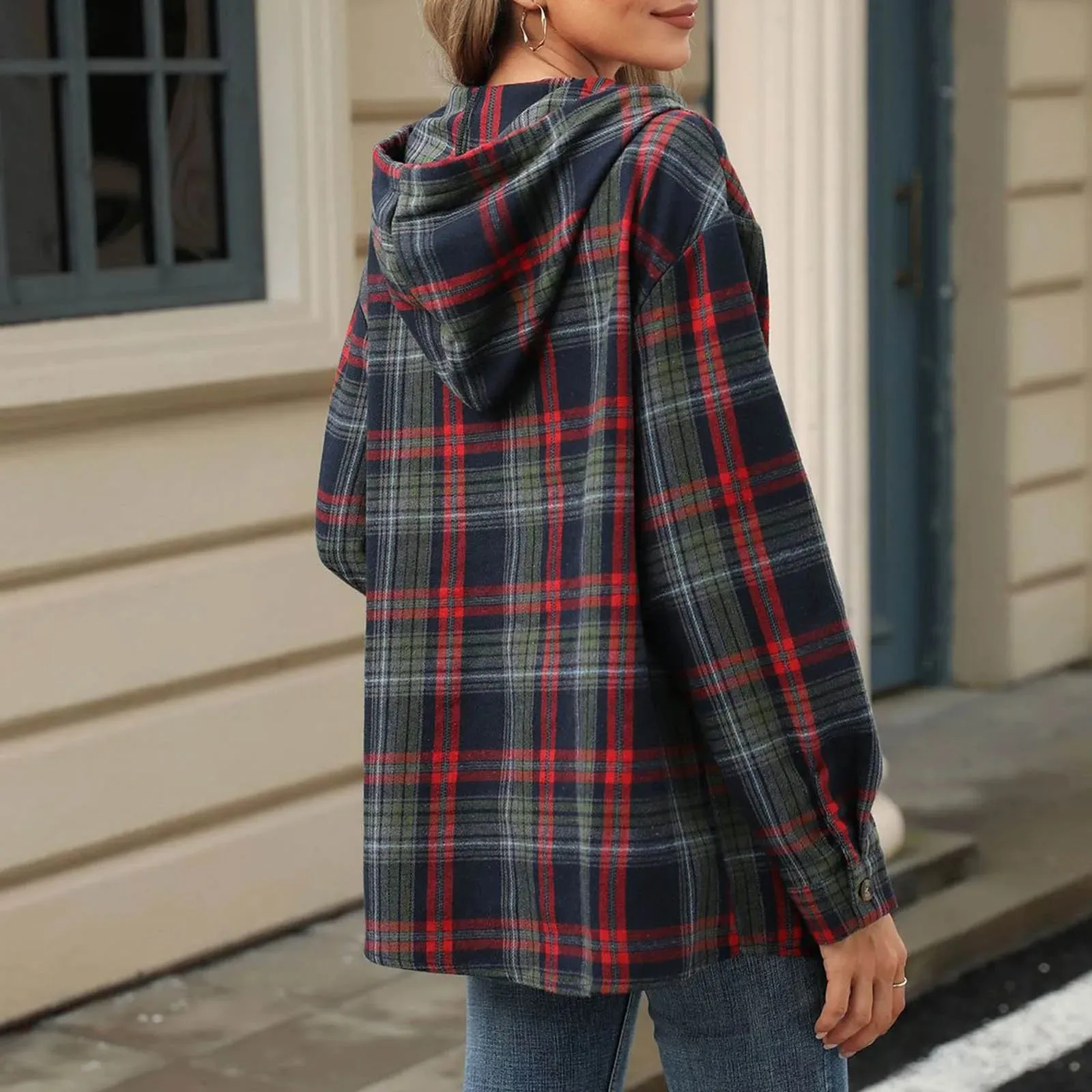 Plaid Flannel Hooded Pullover Tops