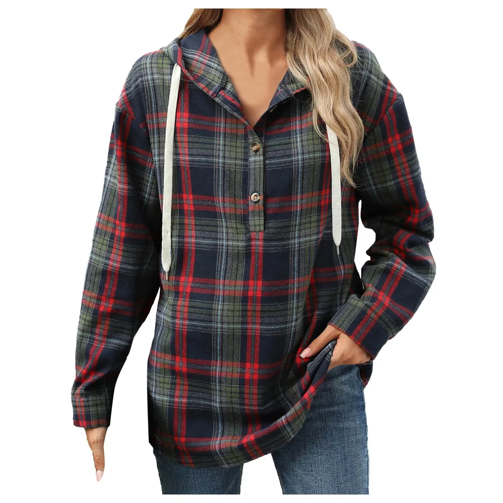 Plaid Flannel Hooded Pullover Tops