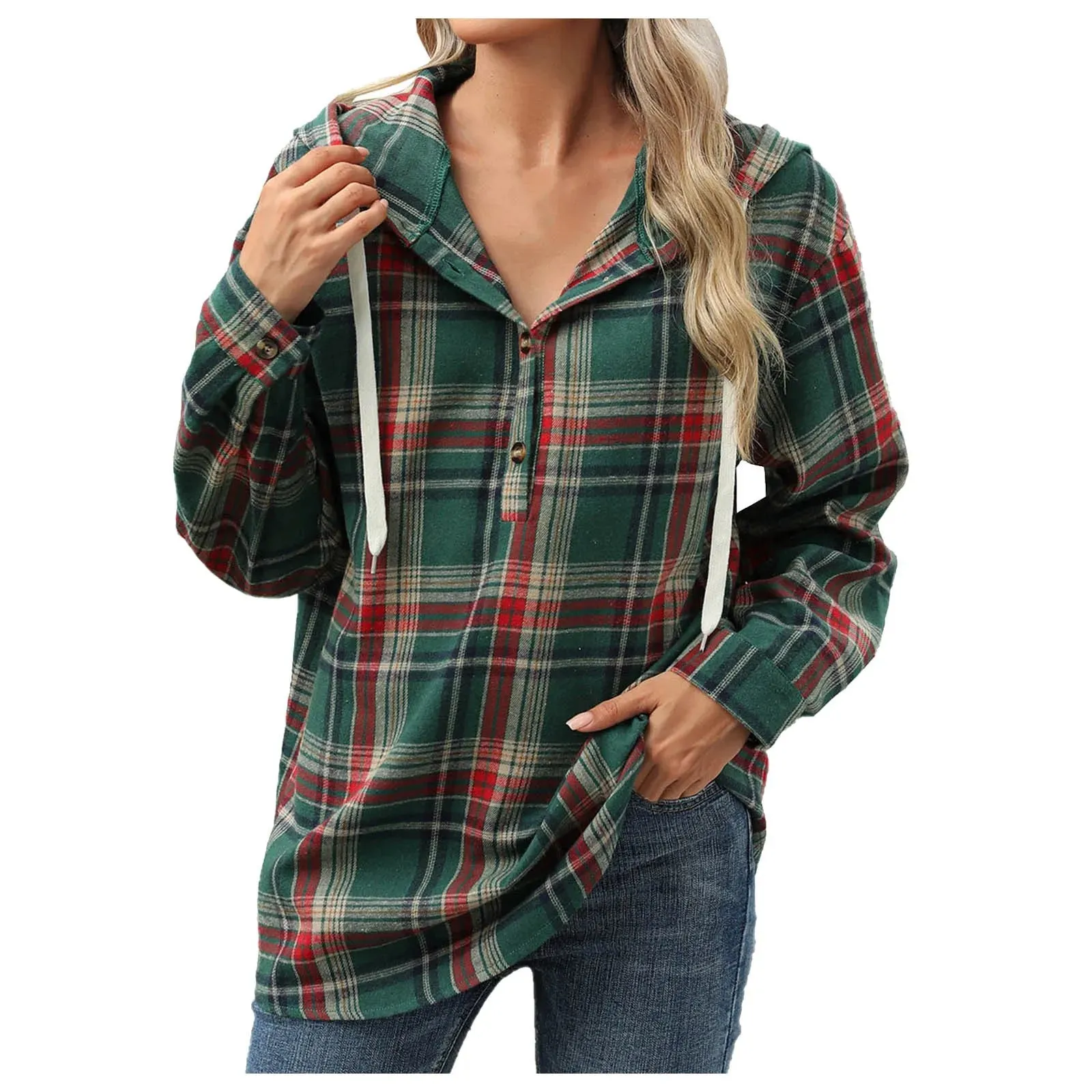 Plaid Flannel Hooded Pullover Tops