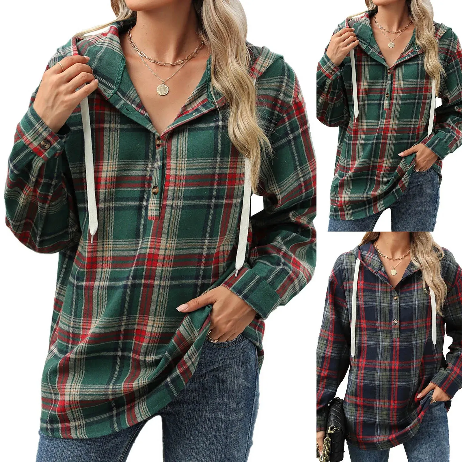 Plaid Flannel Hooded Pullover Tops