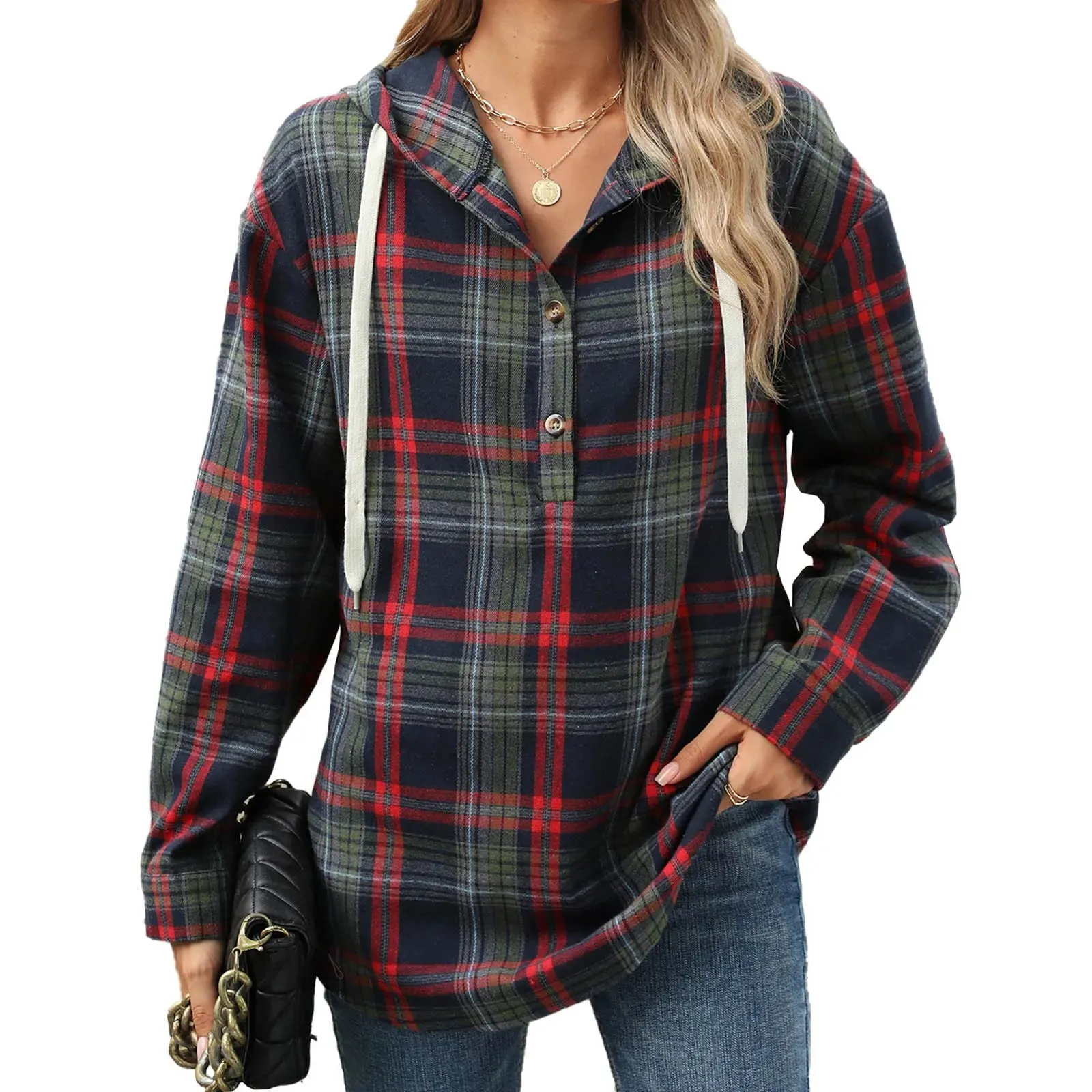 Plaid Flannel Hooded Pullover Tops