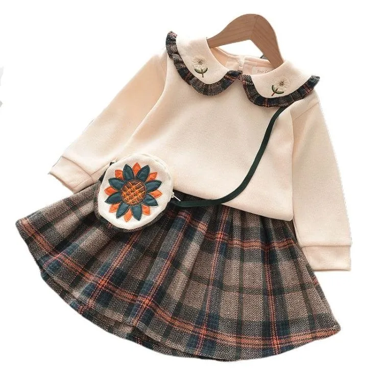 Plaid Long Sleeve Top with Pleated Princess Skirt Set