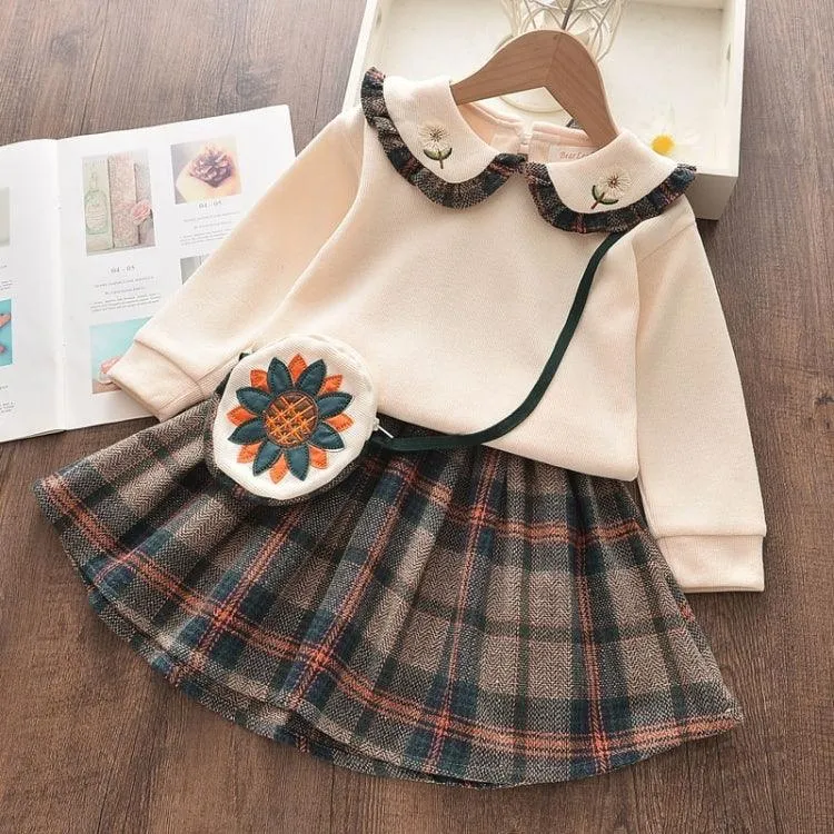 Plaid Long Sleeve Top with Pleated Princess Skirt Set