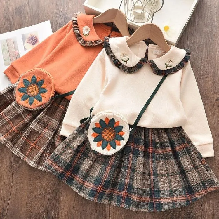 Plaid Long Sleeve Top with Pleated Princess Skirt Set