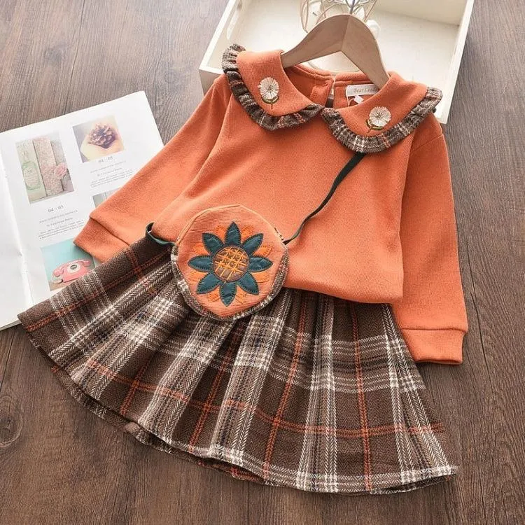 Plaid Long Sleeve Top with Pleated Princess Skirt Set