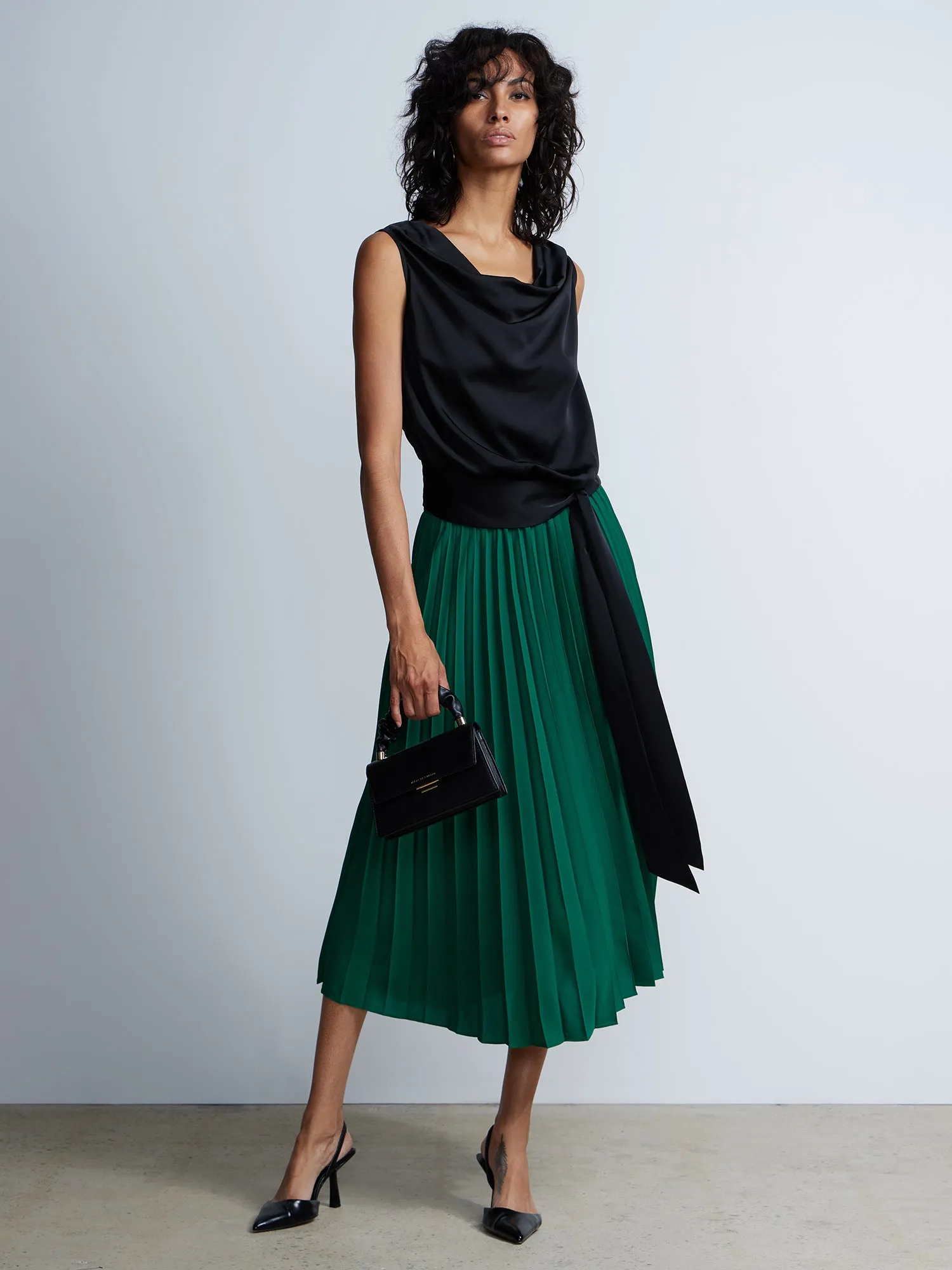 Pleated High Rise Midi Skirt