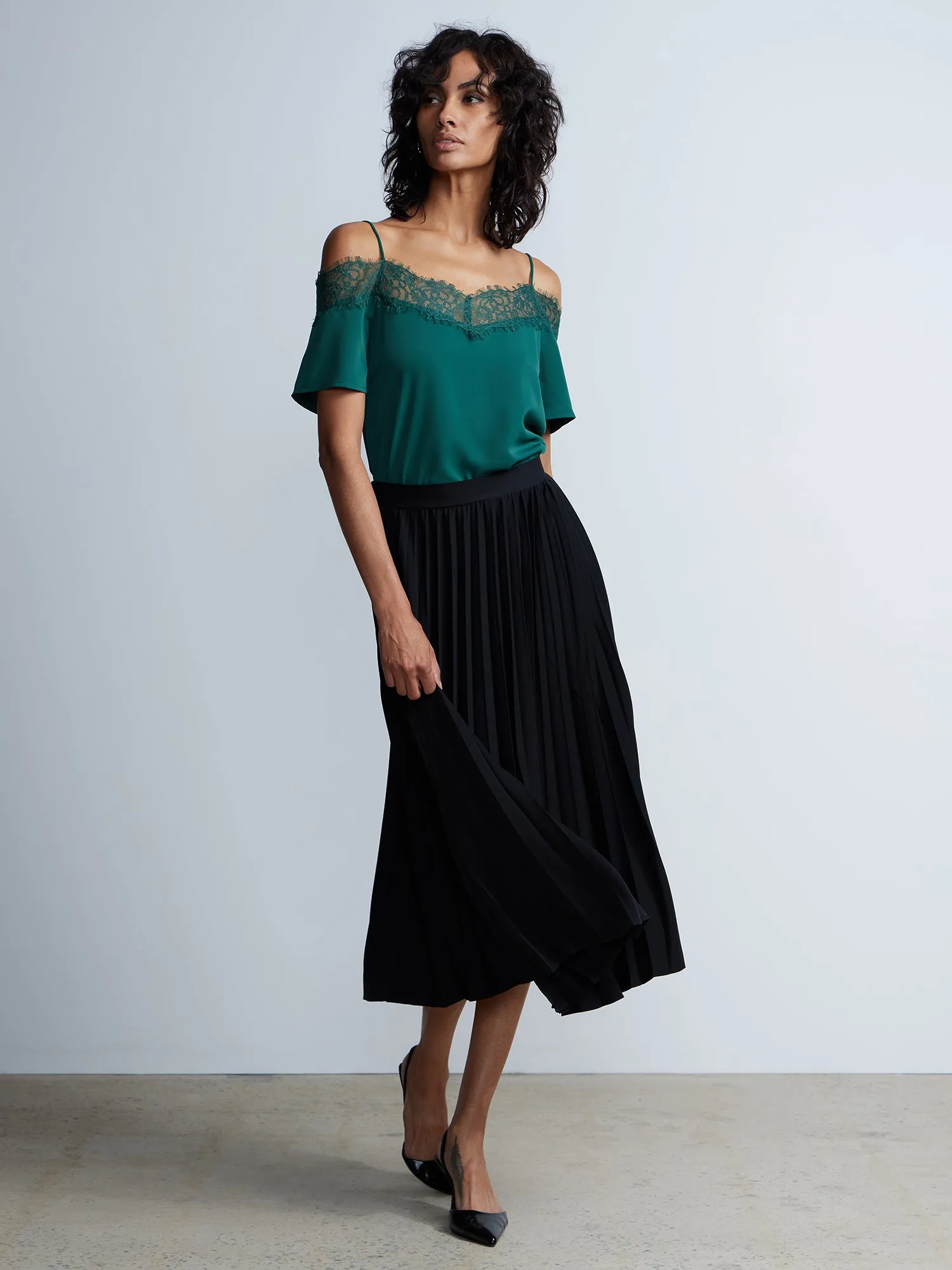 Pleated High Rise Midi Skirt