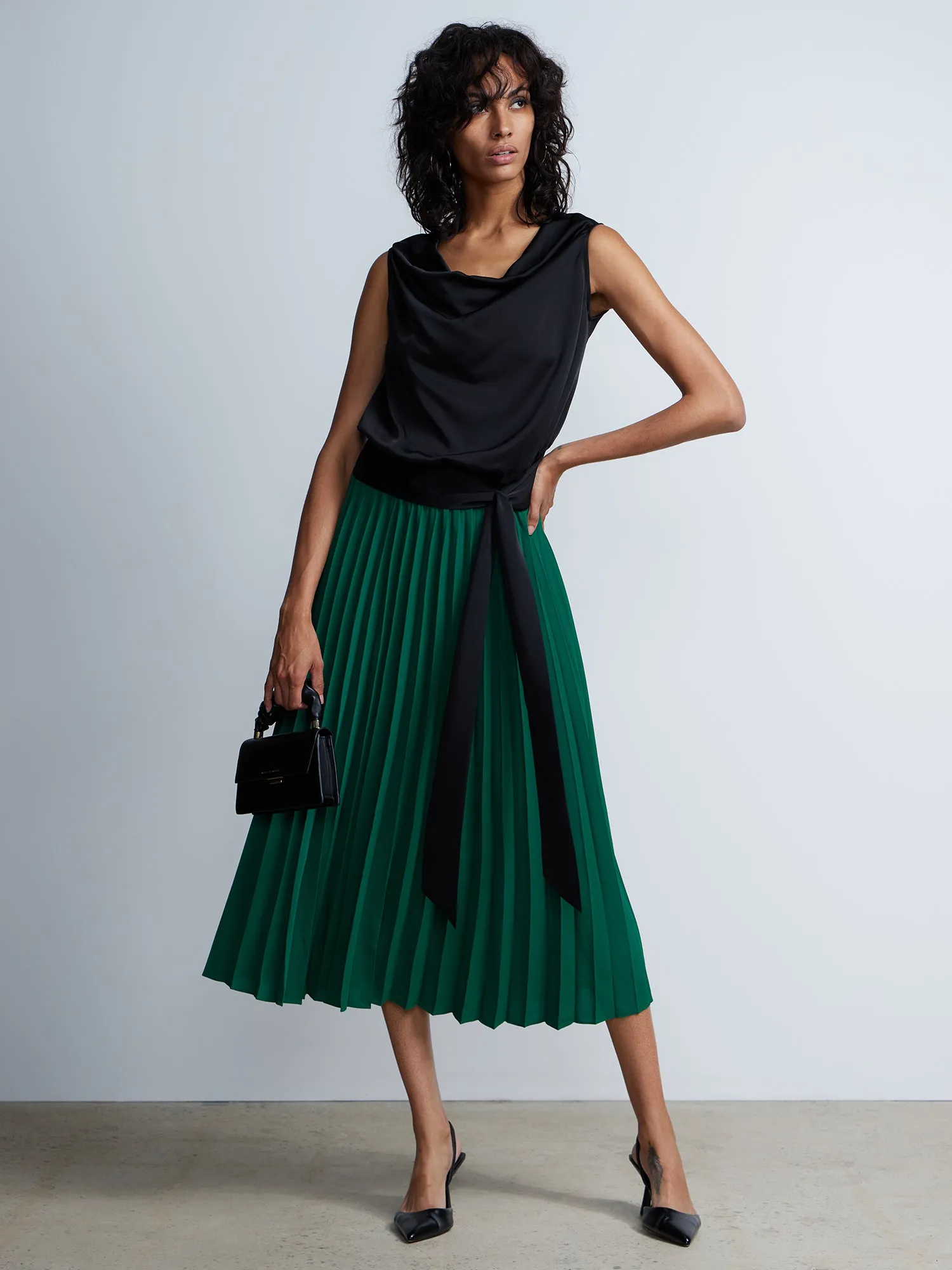 Pleated High Rise Midi Skirt