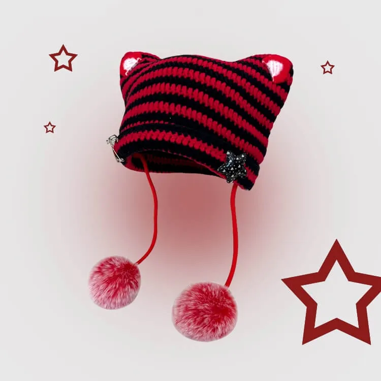 Pompon y2k cat ears hat